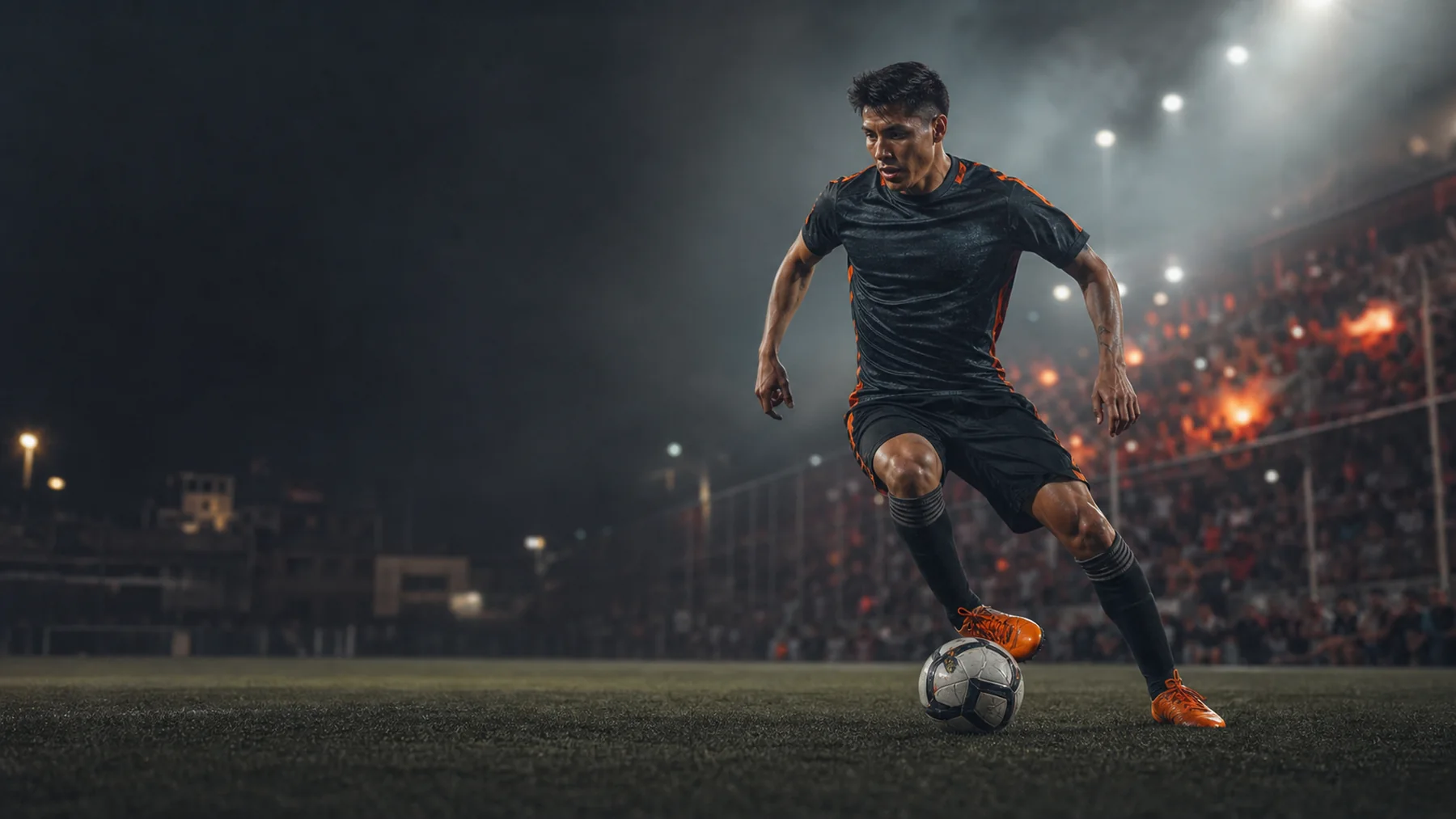 Futbolista controlando el balón durante un partido nocturno
